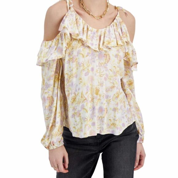 INC International Concepts Tops - Womens Light Colored Floral & Lightweight Blouse with Shoulder Tie Cold Shoulder